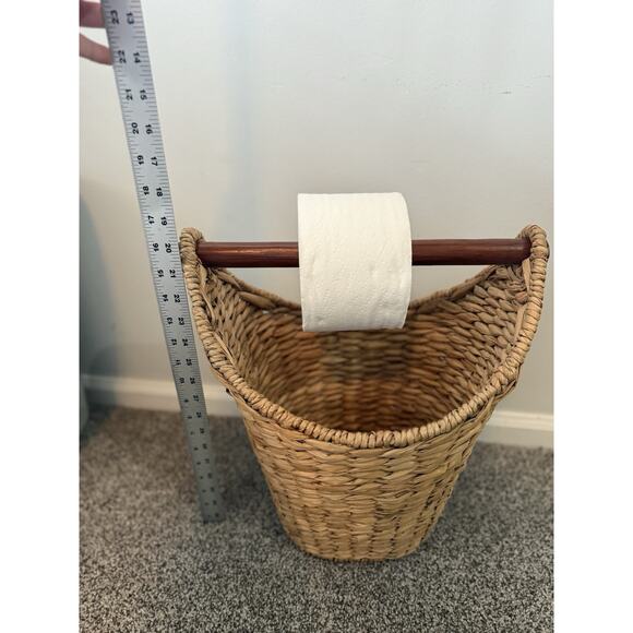 Toilet Paper Storage Basket w/ Roll Holder, Natural - Wicker Bathroom Tissue Bin - Picture 6 of 7